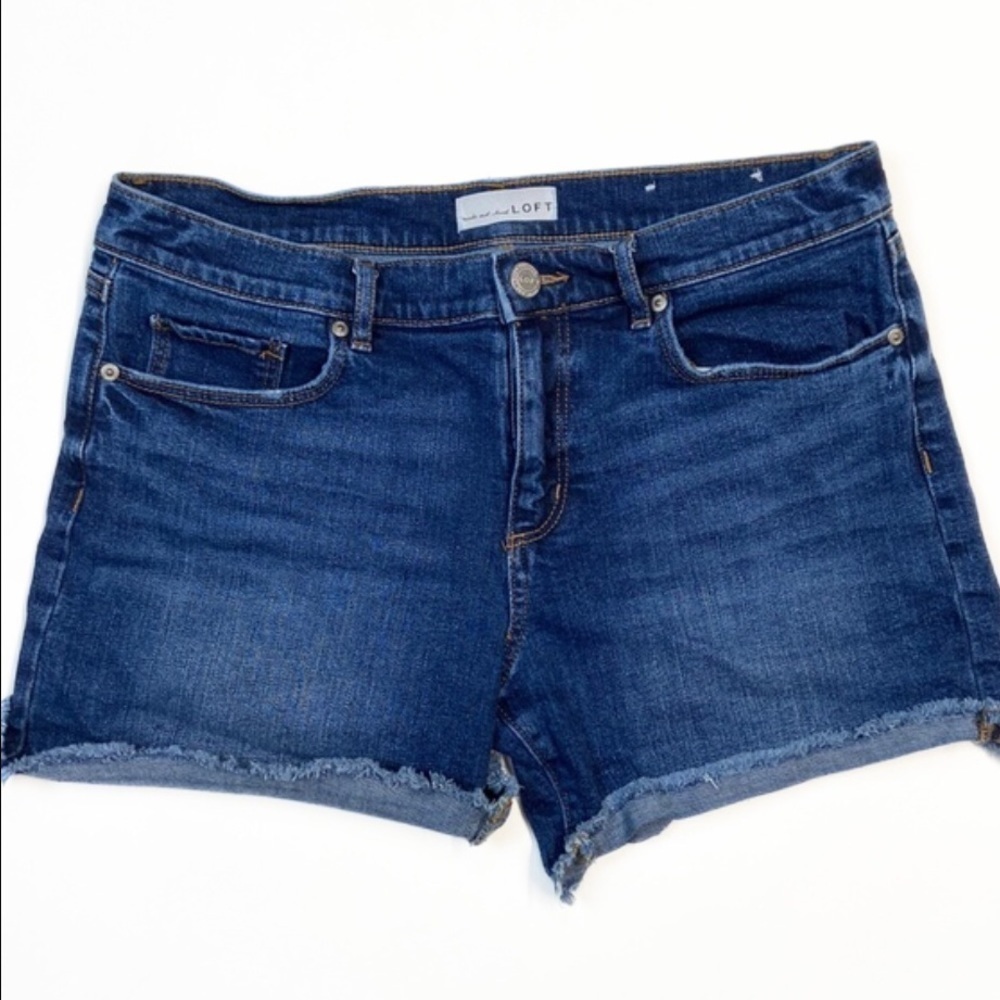 Loft High Rise Shortie Raw Hem Rolled 4 inch inseam denim jean shorts